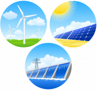 Illustration of renewable energy sources wind solar and hydropower